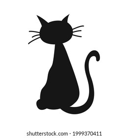 Black silhouette of cat. Happy halloween holiday. Horror night. Vector cartoon illustration