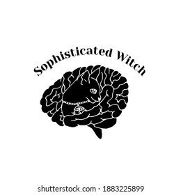 Black silhouette of cat head inside brain and text sophisticated witch. Witchcraft and magic vector print.