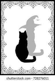 Black silhouette of cat and his shadow  in witch hat on white background framed with spiderweb. Vector illustration.