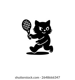 Black silhouette of a cat holding a tennis racket and running