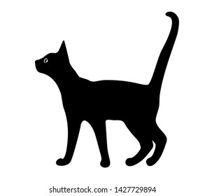 Black silhouette of a cat isolated on white background. The symbol of Halloween. Can be used as a sticker template, logo element, icon for web design. Flat style. Vector illustration.
