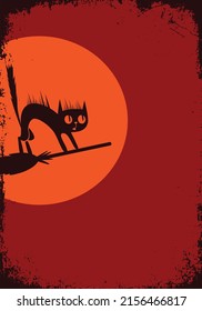 Black silhouette of cat isolated on red background. Halloween party vector illustration, icon, retro vintage clip art for design. Old scary hag fly.