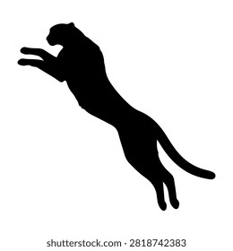 Black silhouette of a cat jumping with outstretched paws and tail, captured in motion against a plain white background.