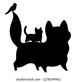 Black silhouette of a cat, kitten and bird on a white background.
