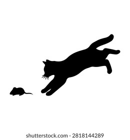 Black silhouette of a cat leaping to catch a mouse, showcasing agility and hunting instincts in a dynamic pose against a plain background.