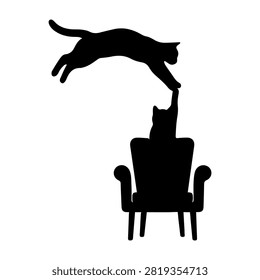 Black silhouette of a cat leaping onto a chair, capturing a moment of agility and energy in a minimalist style.