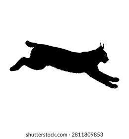 Black silhouette of a cat leaping with outstretched paws, captured in motion against a plain white background, emphasizing agility and grace.