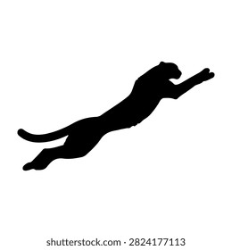 Black silhouette of a cat leaping with outstretched paws, captured in mid-air against a plain background, emphasizing motion and agility.