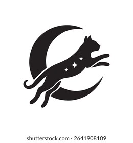 Black silhouette of a cat leaping over a crescent moon with stars on its body illustration