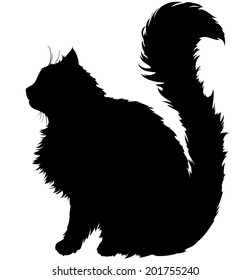 Black Silhouette Of A Cat With A Long Fluffy Plush Tail, White Background