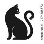 Black silhouette of cat looking back, isolated on white background. Flat vector illustration