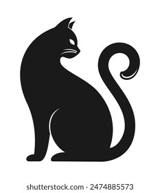 Black silhouette of cat looking back, isolated on white background. Flat vector illustration