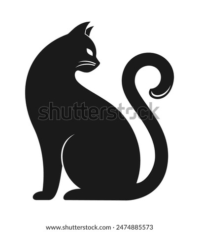 Black silhouette of cat looking back, isolated on white background. Flat vector illustration