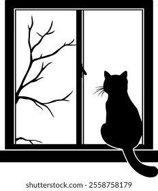 black silhouette of a cat looking out the window at tree branches without background