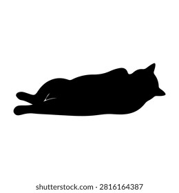 Black silhouette of a cat lying down, relaxed posture, on a plain background, emphasizing calmness and feline grace.