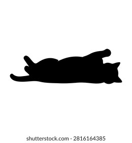 Black silhouette of a cat lying on its side, relaxed and calm, isolated on a white background, emphasizing feline tranquility and repose.