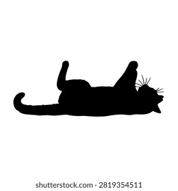 Black silhouette of a cat lying on its back with paws up, showcasing a relaxed and playful posture against a plain white background.