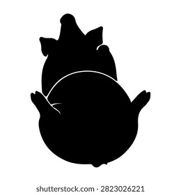 Black silhouette of a cat lying on its back with paws up, showcasing a relaxed and peaceful posture, isolated on a white background.