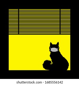 Black silhouette of a cat in medical mask at a yellow window. Stay at home, self-isolation and quarantine due to coronavirus pandemia concept.