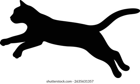 A black silhouette of a cat in mid-leap, isolated on a white background. Dynamic and playful feline illustration.