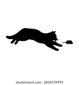 Black silhouette of a cat in mid-pounce chasing a small item, showcasing agility and hunting instincts in a dynamic pose.