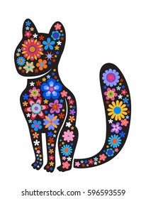Black silhouette of cat with naive style colorful flowers. Perfect card or any kind of design