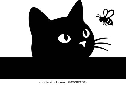 Black silhouette of a cat observing a flying bee