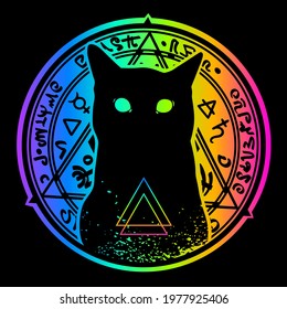 black silhouette of a cat on a background of multicolored rainbow alchemical inscriptions