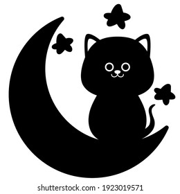 Black silhouette of a cat on the moon isolated on white background. Flat design for poster or t-shirt. Vector illustration