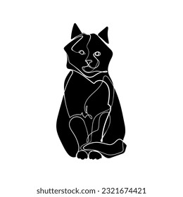 Black silhouette of the cat on white background. Graphic drawing. Vector illustration.