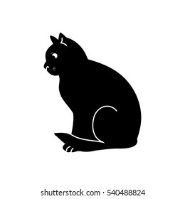 Black silhouette of cat on white background. Big eyes, unusual animal, - vector abstract illustration