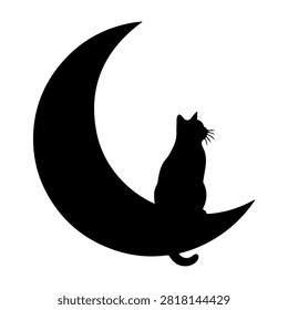 A black silhouette of a cat perched on a crescent moon, creating a mystical and serene nighttime scene with a minimalist style.