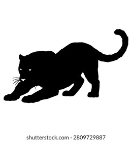 A black silhouette of a cat in a playful crouching pose, showcasing agility and curiosity, set against a plain background.