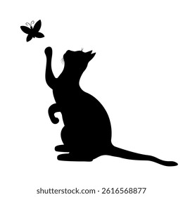 Black silhouette of a cat playing with a butterfly, isolated on a white background.Vector illustration of a pet.
