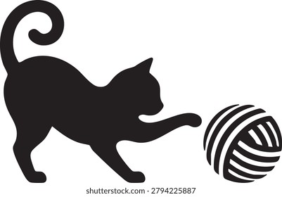 Black silhouette of a cat playing with a yarn ball on white background