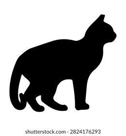 A black silhouette of a cat in profile view, showcasing its sleek body, pointed ears, and curved tail, set against a plain background.
