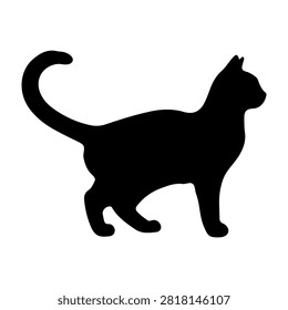 A black silhouette of a cat in profile, walking with tail raised, showcasing feline curiosity and agility against a plain white background.