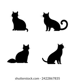 Black silhouette of a cat. Puss or cat silhouette set. Cat in different positions. Feline care. Pet concept. Vector icon