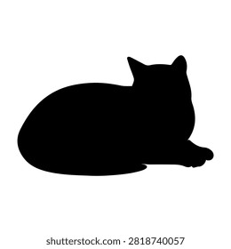 Black silhouette of a cat resting, lying down with paws tucked, on a plain white background, emphasizing calmness and feline grace.