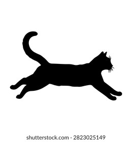 A black silhouette of a cat running, capturing dynamic movement and agility, set against a plain white background.