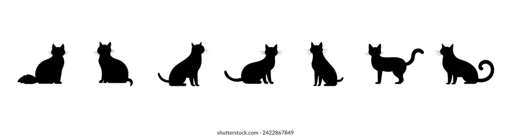 Black silhouette of a cat set. Puss or cat silhouette. Cat playing or sitting. Feline care. Pet concept. Vector set