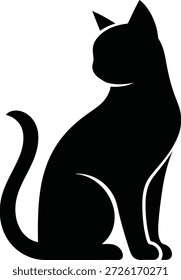 Una silueta negra de un gato se sienta mirando a la izquierda con su cola rizada. La Imagen es un gráfico simple con líneas limpias sobre un fondo blanco.