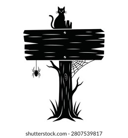 Black silhouette of cat sitting on wooden sign post with spider web tree icon