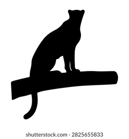 Black silhouette of a cat sitting on a branch, emphasizing feline posture and elegance against a plain white background.