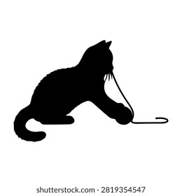 Black silhouette of a cat sitting and playing with a string on a plain background, emphasizing feline curiosity and playful behavior.