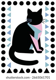 Silueta negra de un gato en una pose sentada sobre fondo blanco, diseño mínimo y limpio, ilustración animal simple conveniente para la decoración, el logotipo, y los proyectos del Diseño gráfico