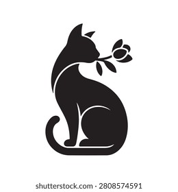A black silhouette of a cat sitting in profile, holding a flower in its mouth. The is simple and representing feline grace and affection on a white background.