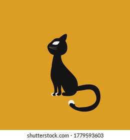 Black silhouette of a cat. Silhouette of a sitting cat sideways.Cat silhouette isolated on a yellow background.