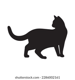 Black silhouette of cat sitting sideways isolated on white background. Vector illustration, icon, clip art 