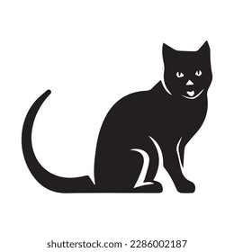 Black silhouette of cat sitting sideways isolated on white background. Vector illustration, icon, clip art 